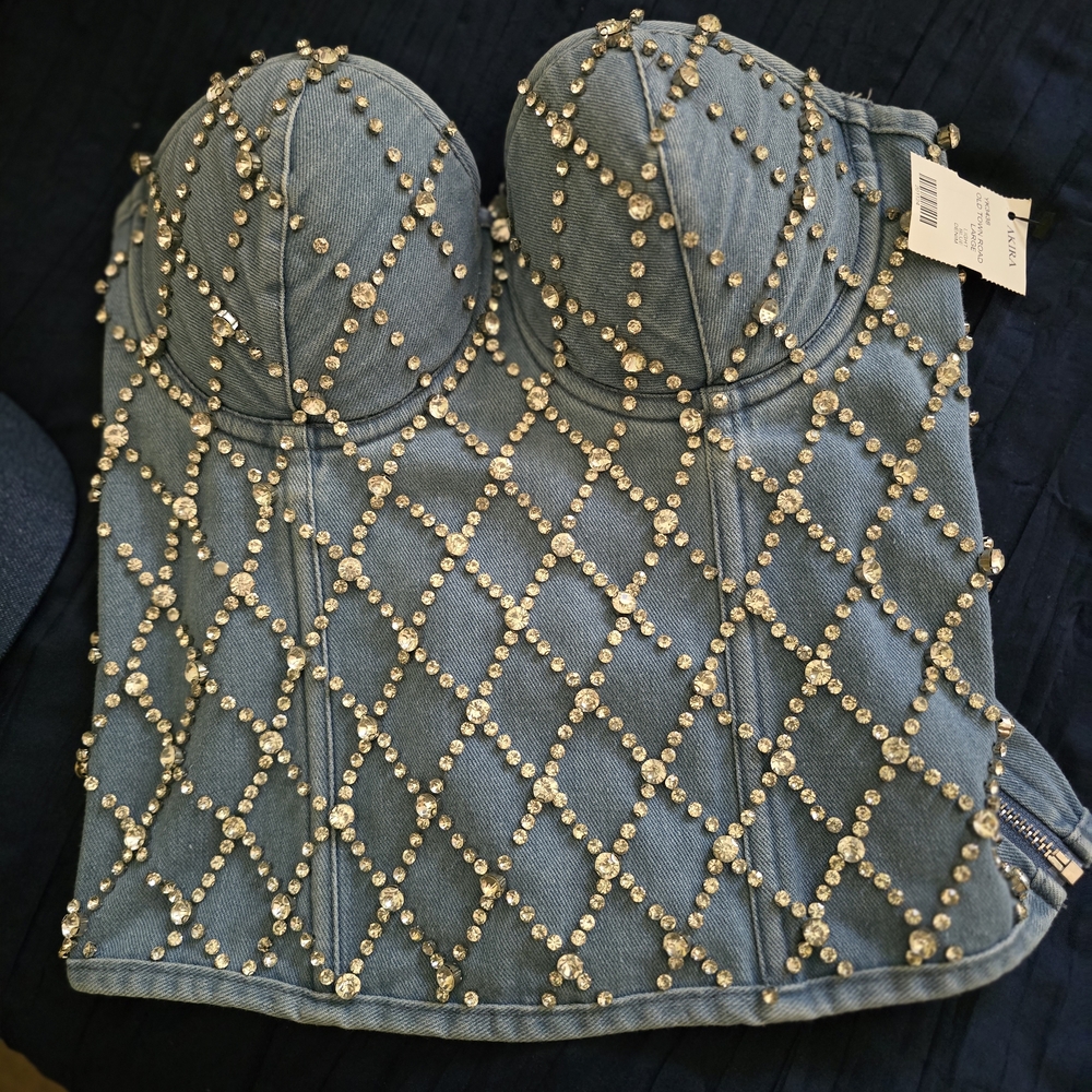AKIRA Light Denim Studded Top